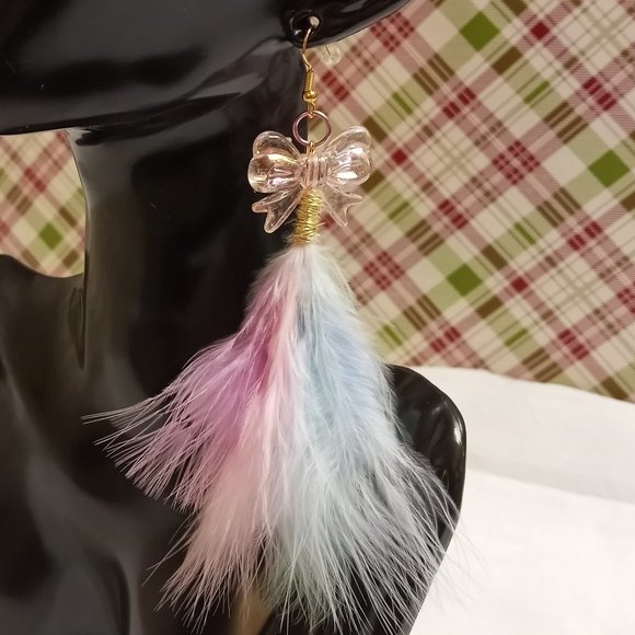 Home Made Handmade Feather & Metal Cat Multi Color Bow Earrings #41 - Picture 7 of 10